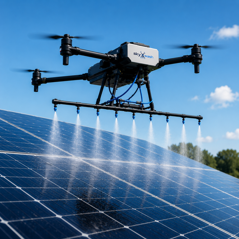Eine Drohne sprüht Wasser auf Solarpanels unter blauem Himmel.